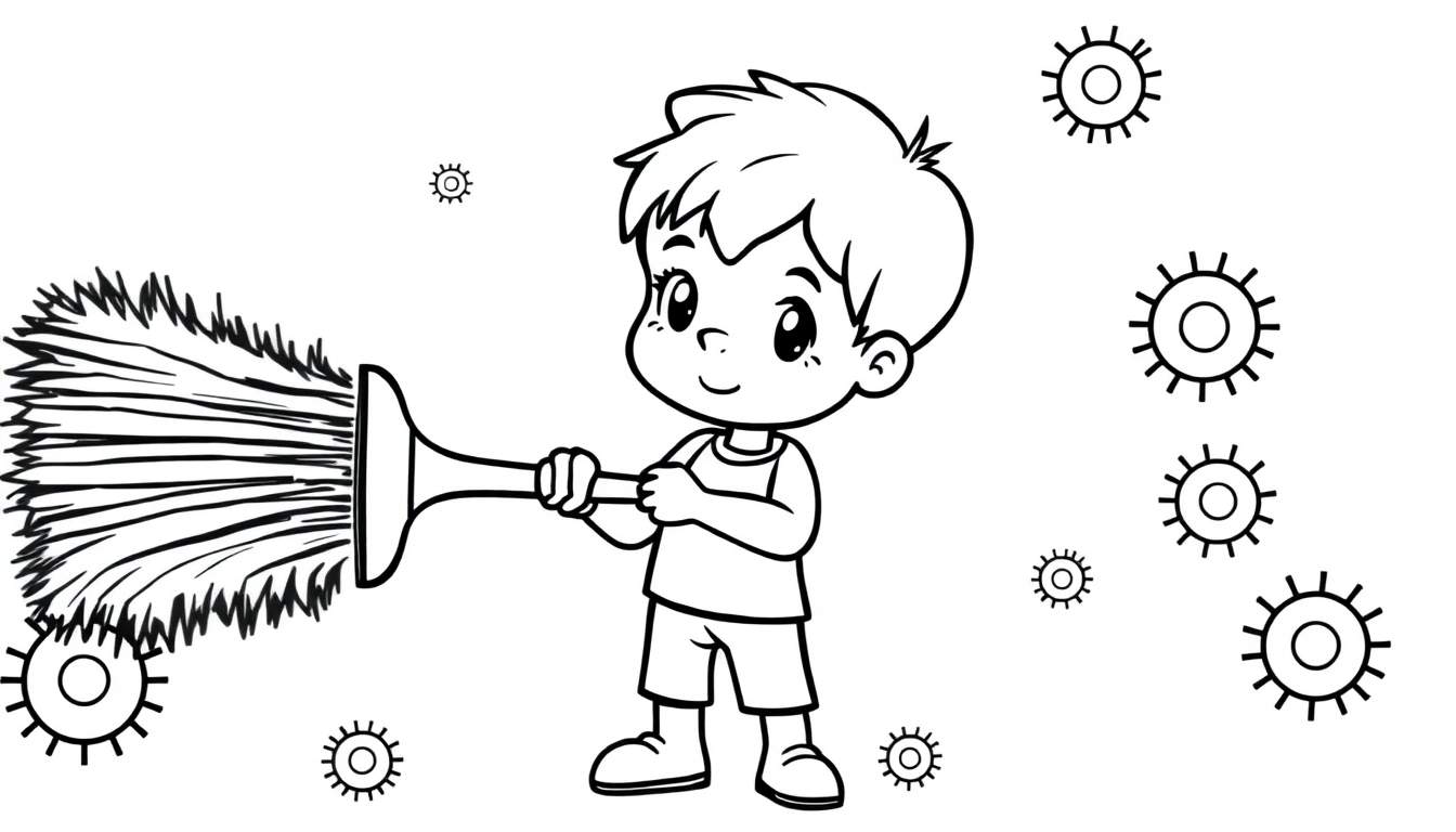 Dessin au trait d'un jeune garçon souriant tenant un plumeau, entouré d'icônes de cellules ou de germes stylisés.