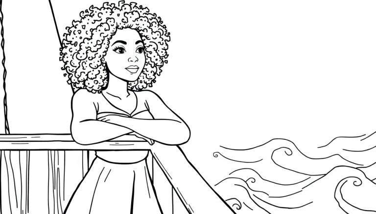 Coloriage d'une femme pirate métisse avec des cheveux bouclés, robe, balustrade, regardant au loin, vagues stylisées, noir et blanc.
