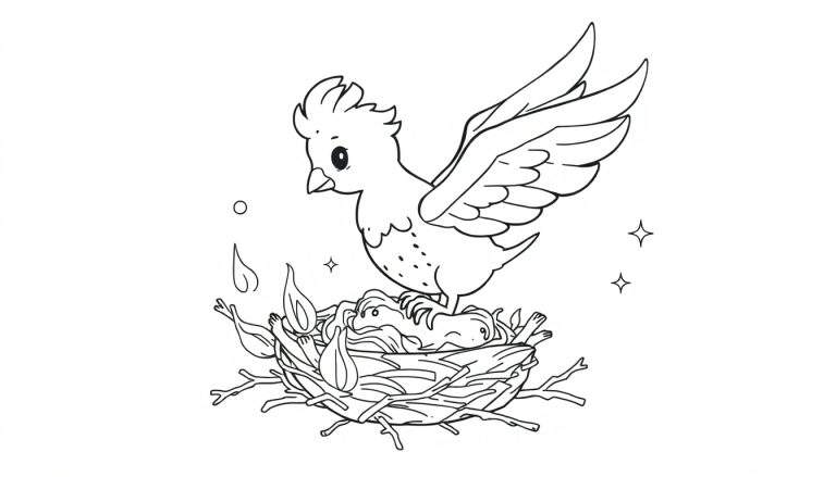 Dessin au trait d'un oiseau avec les ailes déployées, perché au-dessus d'un nid rempli de oisillons, avec des flammes stylisées et des étoiles.