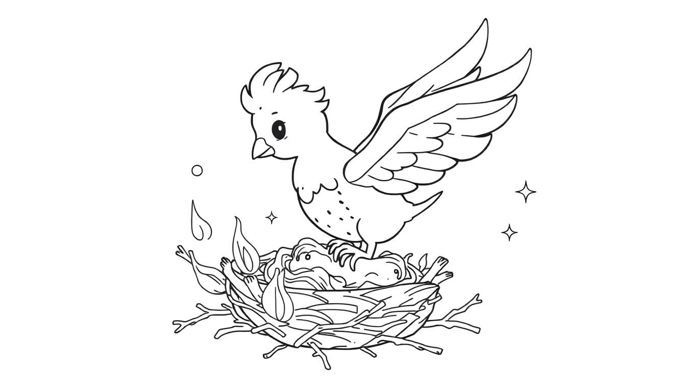 Dessin au trait d'un oiseau avec les ailes déployées, perché au-dessus d'un nid rempli de oisillons, avec des flammes stylisées et des étoiles.