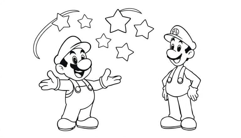 Coloriage d'un personnage de Mario avec les bras levés, des étoiles tombant du ciel.