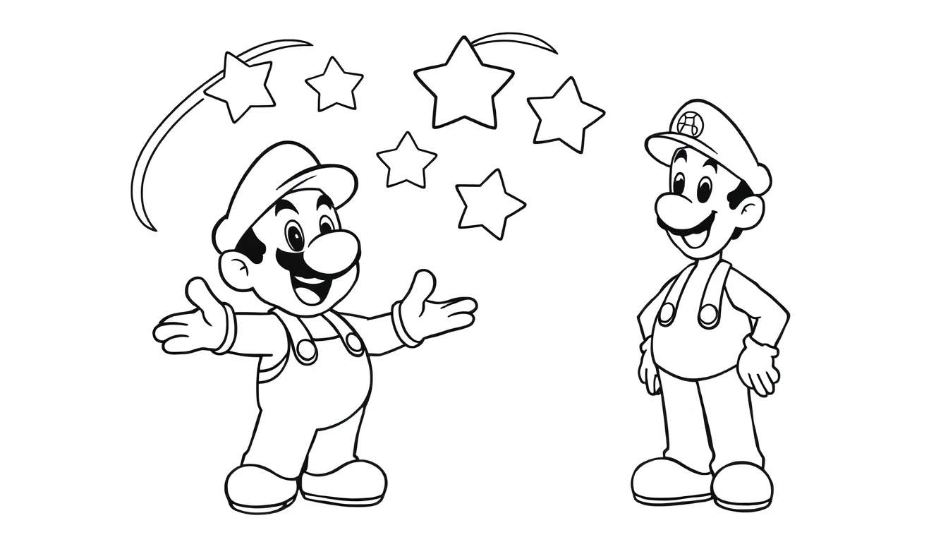Coloriage d'un personnage de Mario avec les bras levés, des étoiles tombant du ciel.