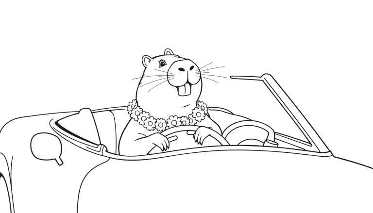 Dessin au trait d'une marmotte souriante portant un collier de fleurs, conduisant une décapotable.
