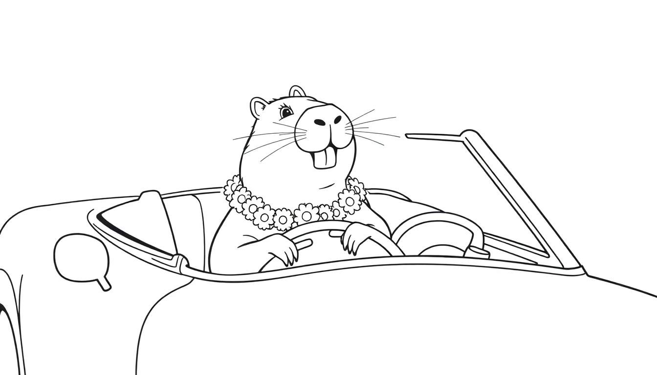 Dessin au trait d'une marmotte souriante portant un collier de fleurs, conduisant une décapotable.