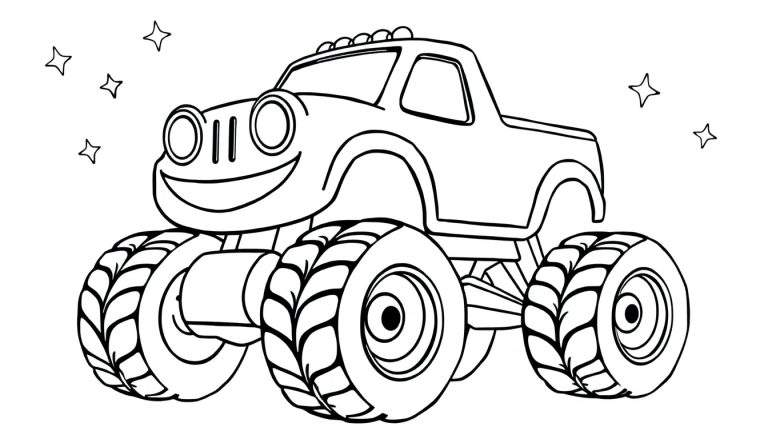 Dessin au trait noir et blanc d'un monster truck souriant avec de grandes roues et des étoiles dans le ciel.