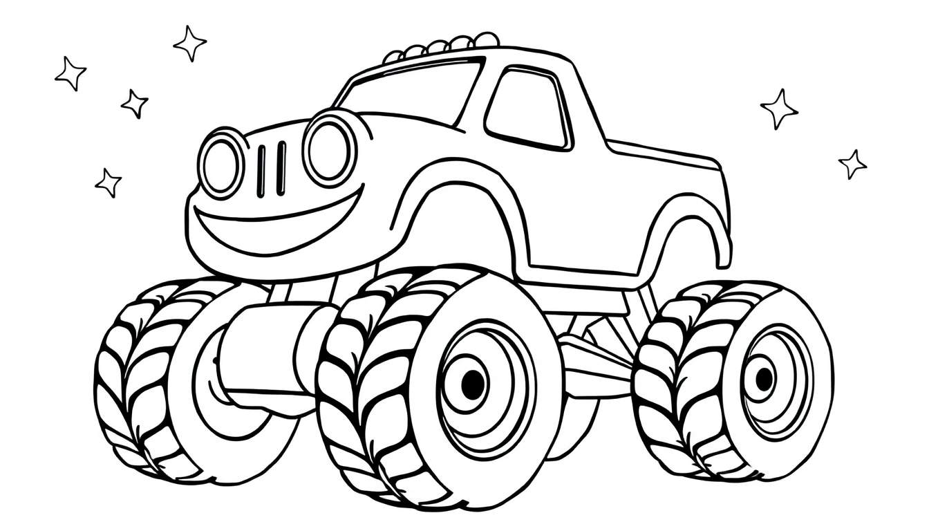 Dessin au trait noir et blanc d'un monster truck souriant avec de grandes roues et des étoiles dans le ciel.