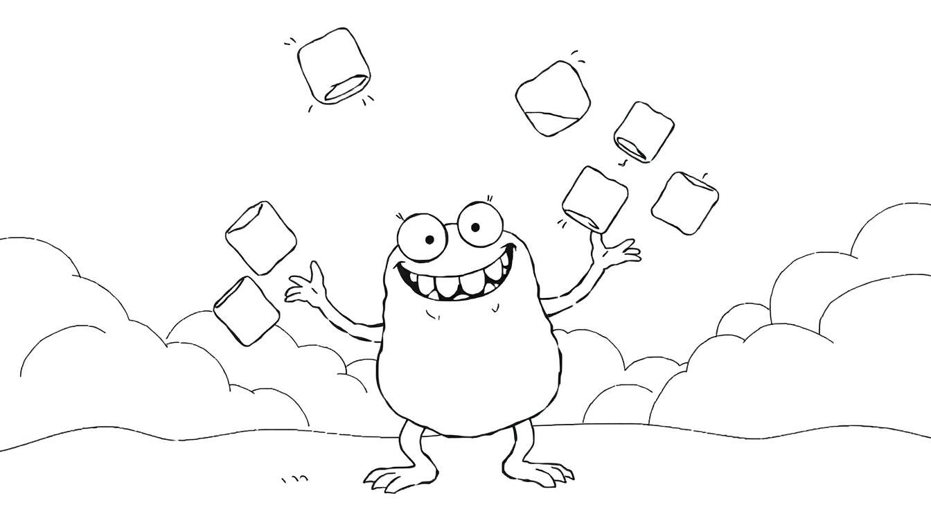 Coloriage d'un monstre gentil souriant et jonglant avec des marshmallows, entouré de nuages.
