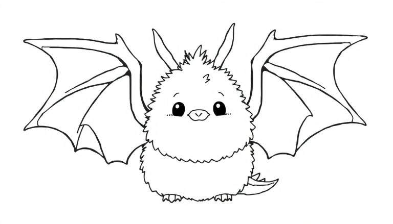 Dessin au trait noir et blanc d'une petite créature ronde et pelucheuse, type chauve-souris, avec de grandes ailes de dragon déployées, grands yeux noirs, petites oreilles pointues et un petit bec en V. Prêt à être colorié.