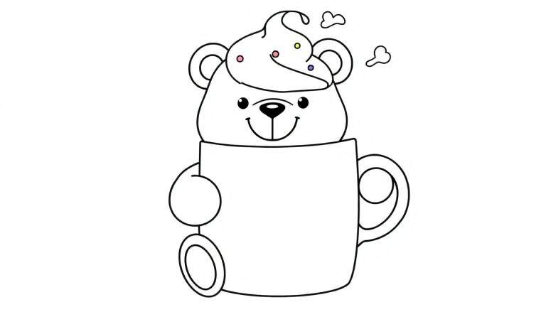 Dessin au trait d'un ours en peluche dans une tasse avec de la crème fouettée et des bonbons, prêt à être colorisé.