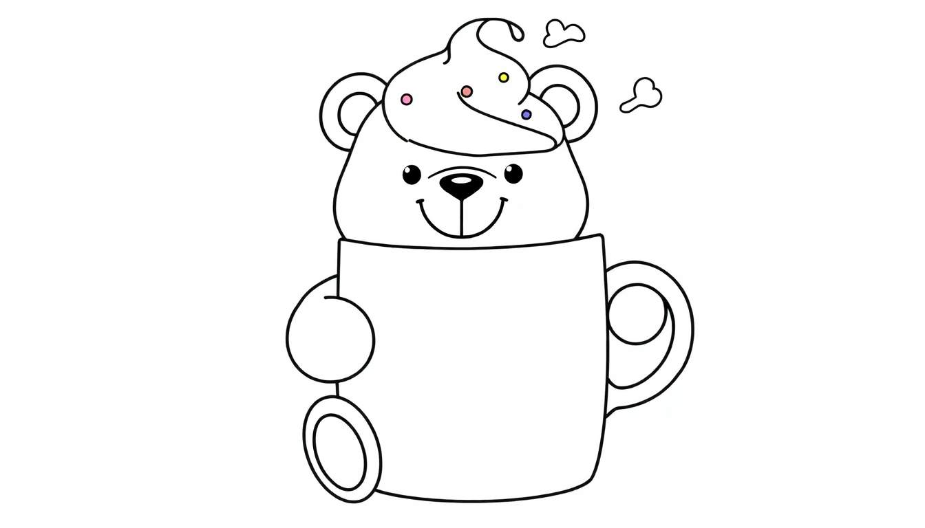 Dessin au trait d'un ours en peluche dans une tasse avec de la crème fouettée et des bonbons, prêt à être colorisé.