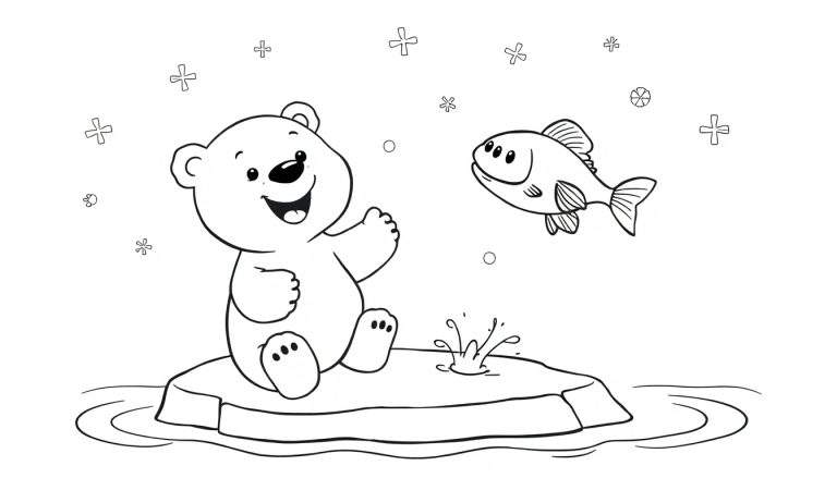 Dessin au trait d'un ours polaire joyeux assis sur un bloc de glace, levant une patte, avec un poisson nageant sous l'eau et des flocons de neige dans le ciel.
