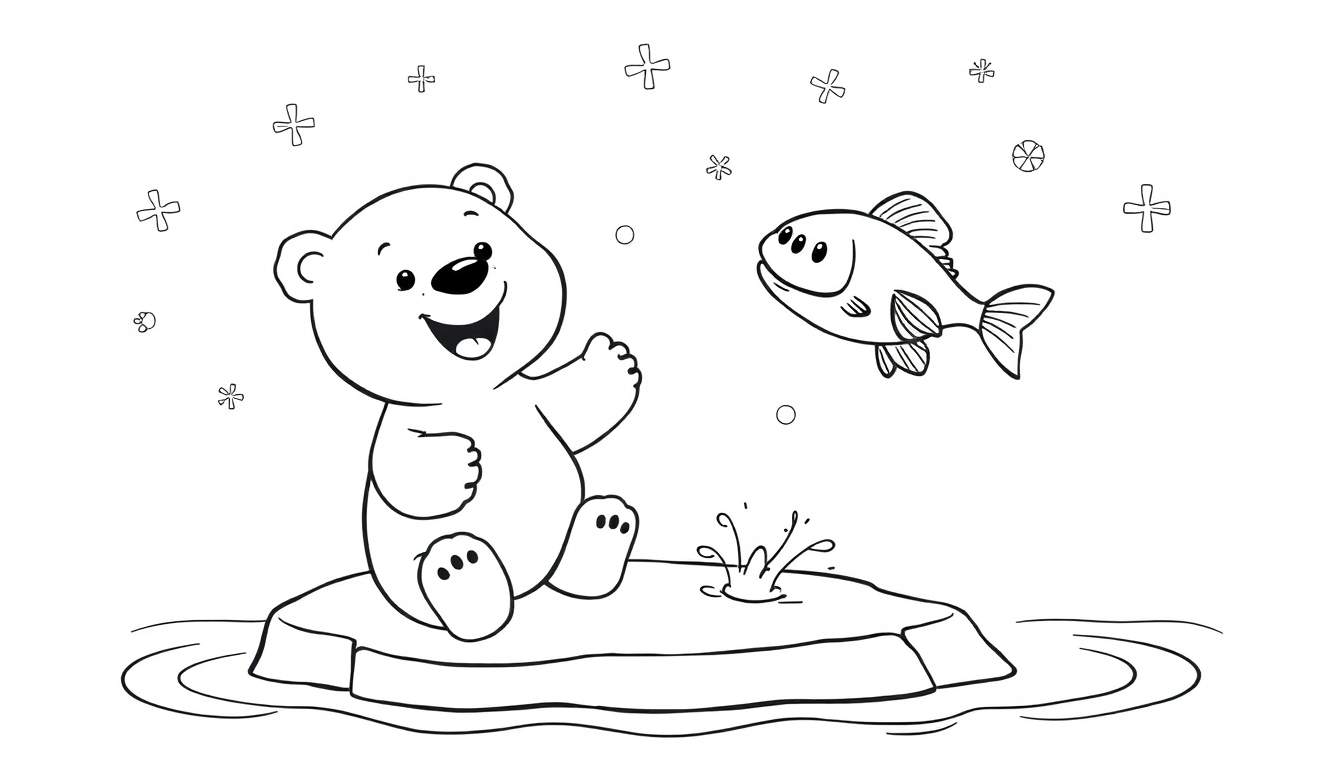 Dessin au trait d'un ours polaire joyeux assis sur un bloc de glace, levant une patte, avec un poisson nageant sous l'eau et des flocons de neige dans le ciel.