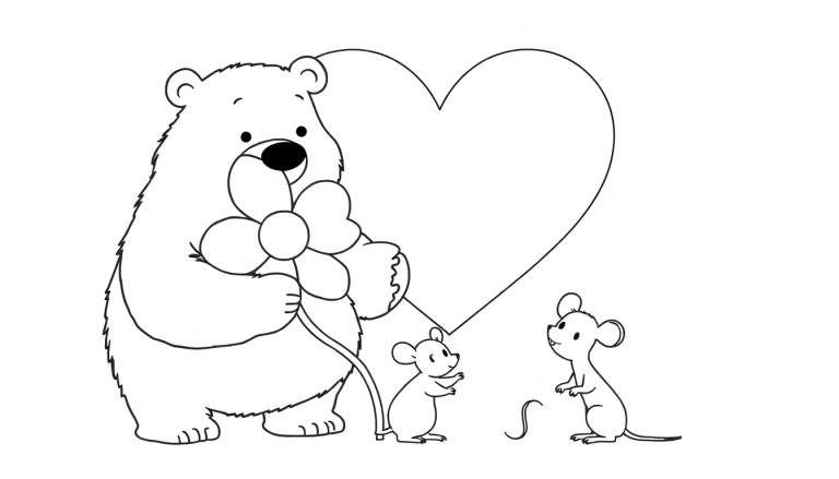 Coloriage d'un ours souriant tenant une fleur, avec un grand cœur et deux souris.