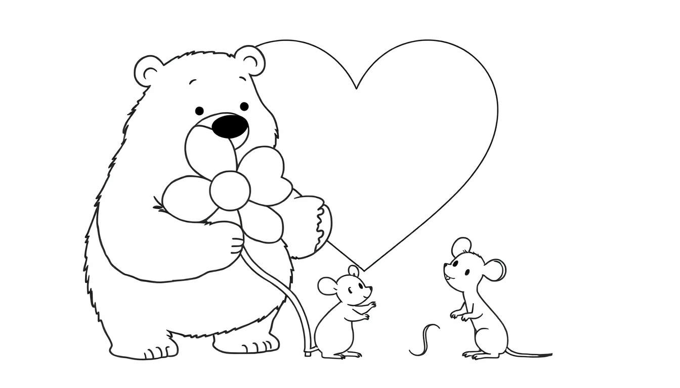 Coloriage d'un ours souriant tenant une fleur, avec un grand cœur et deux souris.