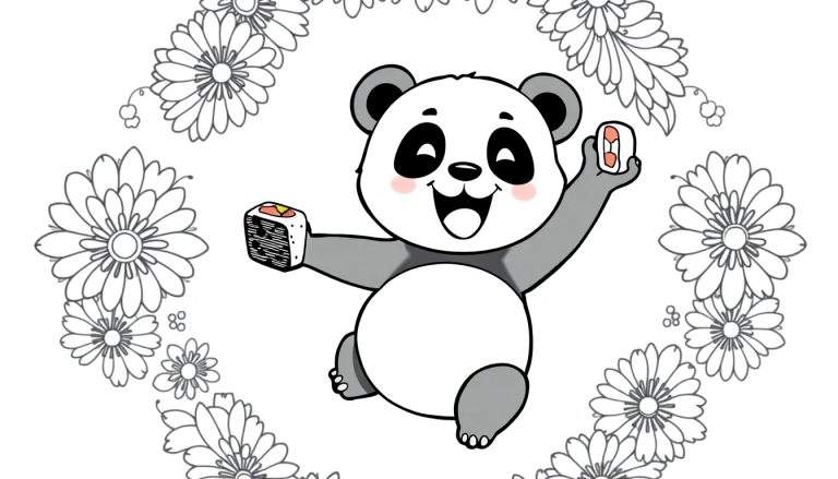 Coloriage d'un panda de dessin animé souriant tenant des sushis et entouré de fleurs.