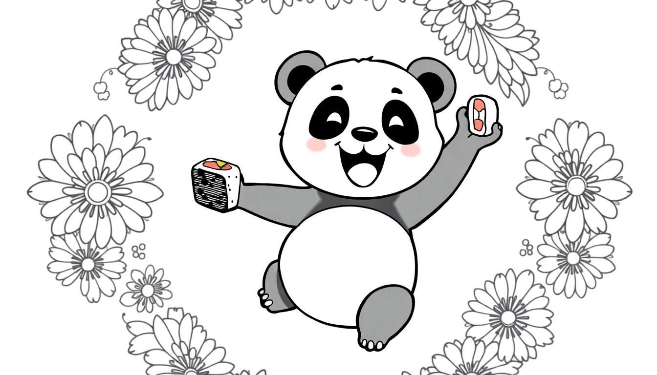 Coloriage d'un panda de dessin animé souriant tenant des sushis et entouré de fleurs.