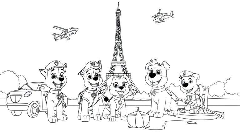 Coloriage de chiots de la Pat' Patrouille devant la Tour Eiffel à Paris, avec un avion, un hélicoptère, un bateau et une voiture.