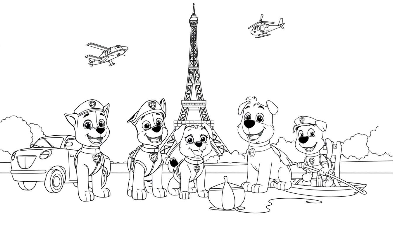 Coloriage de chiots de la Pat' Patrouille devant la Tour Eiffel à Paris, avec un avion, un hélicoptère, un bateau et une voiture.