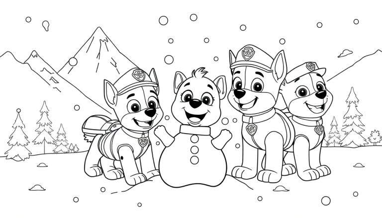 Coloriage de la Pat' Patrouille jouant dans la neige avec un bonhomme de neige.