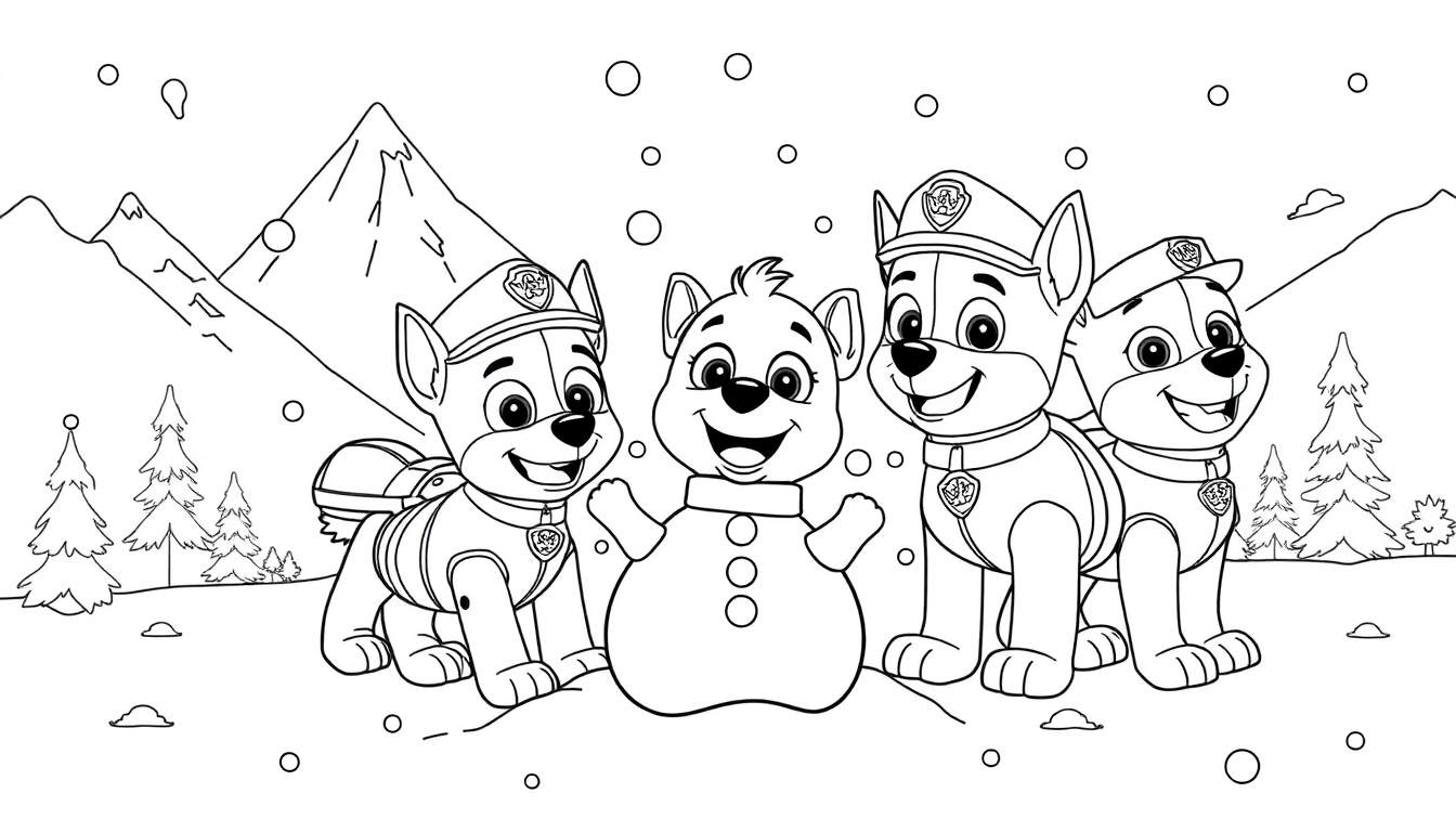 Coloriage de la Pat' Patrouille jouant dans la neige avec un bonhomme de neige.
