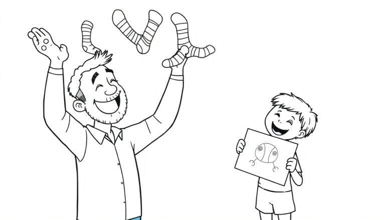Dessin au trait d'un homme lançant des chaussettes et d'un garçon montrant son dessin.