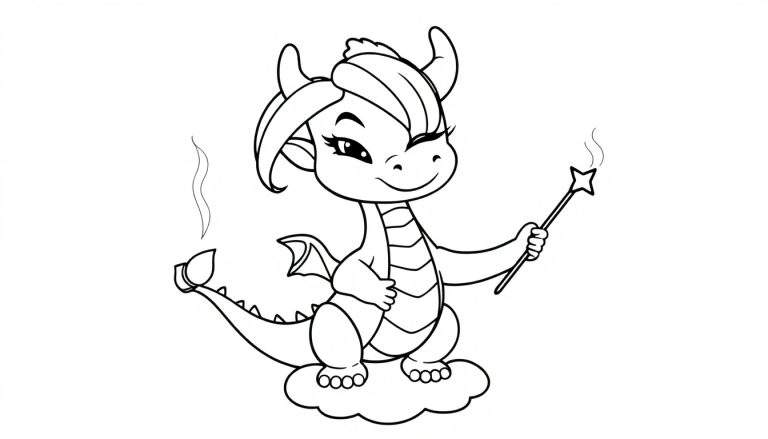 Dessin au trait d'un petit dragon mignon et souriant avec des ailes, tenant une baguette magique, assis sur un nuage.