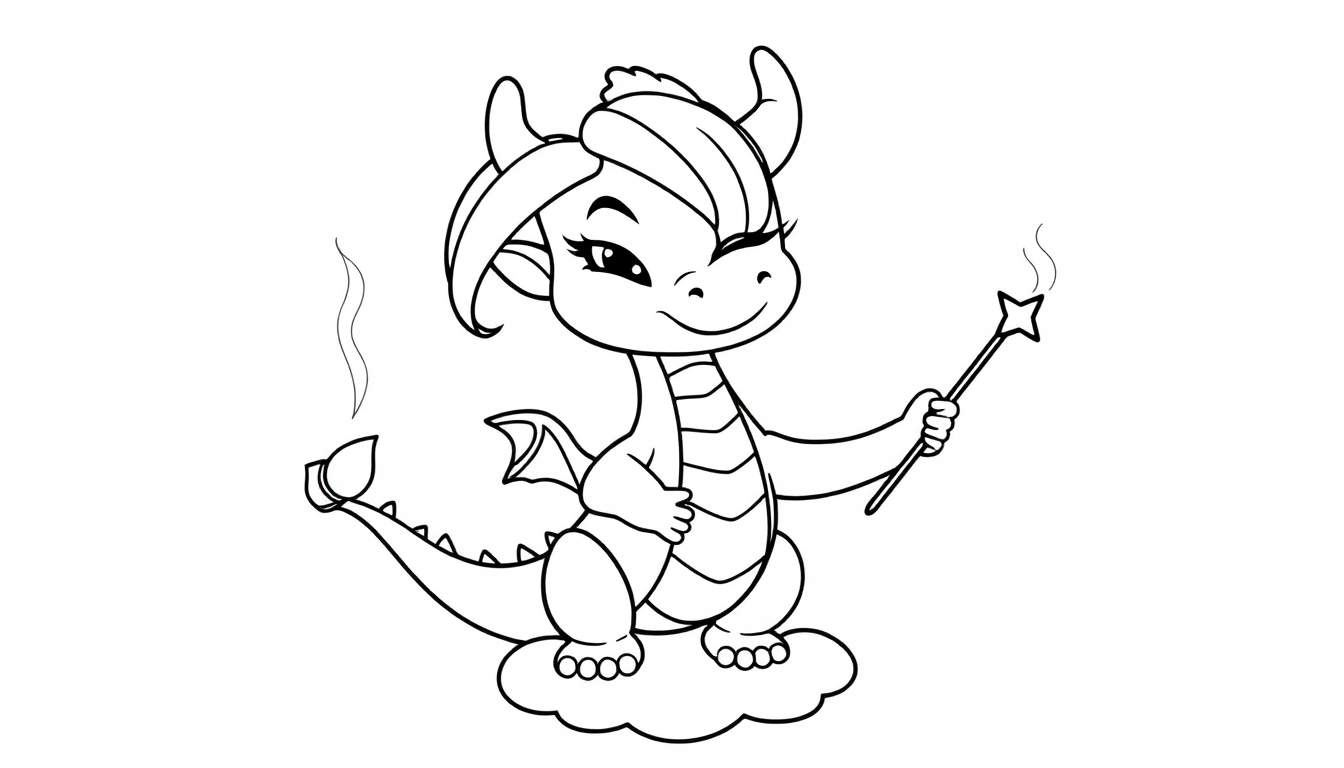 Dessin au trait d'un petit dragon mignon et souriant avec des ailes, tenant une baguette magique, assis sur un nuage.