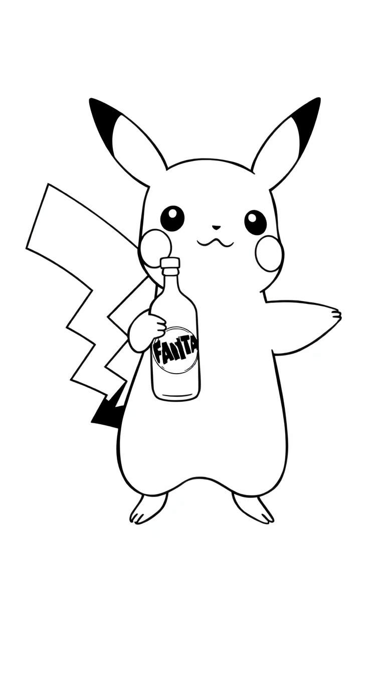Pikachu tenant une bouteille de Fanta, coloriage noir et blanc.