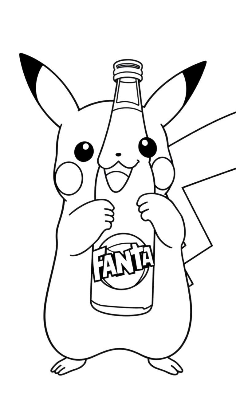 Coloriage de Pikachu souriant tenant une bouteille de Fanta.