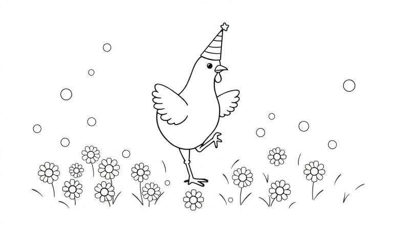 Dessin au trait noir et blanc d'une poule portant un chapeau de fête, entourée de fleurs et de bulles ou confettis dans le ciel.