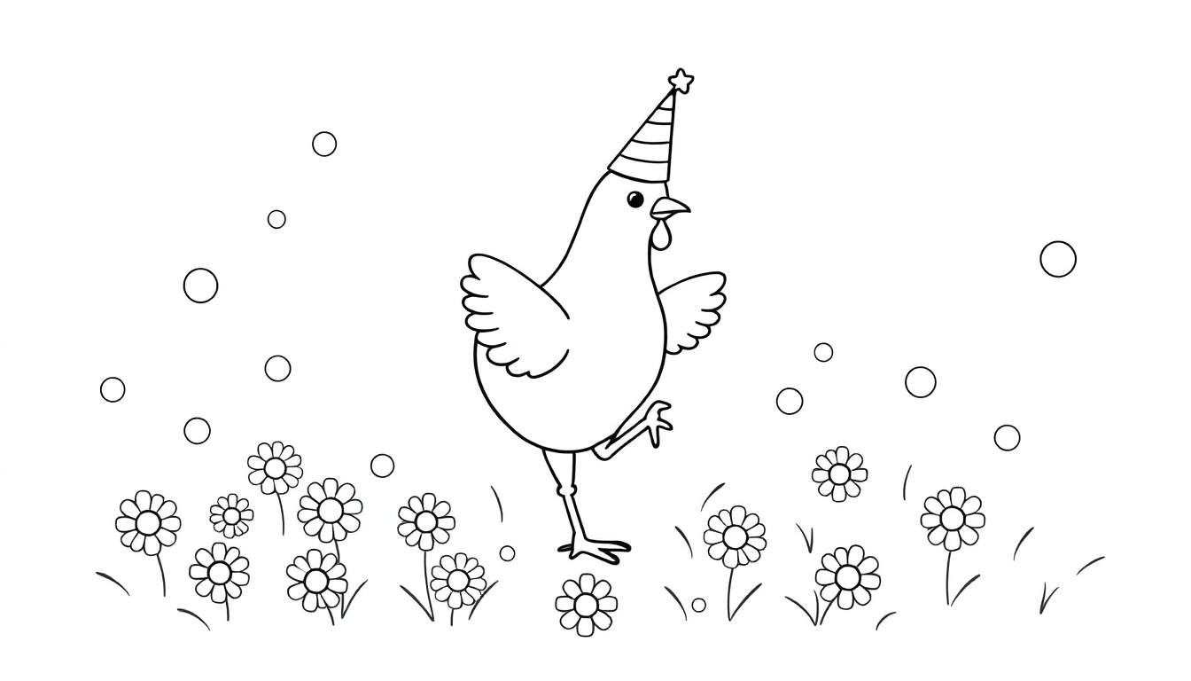 Dessin au trait noir et blanc d'une poule portant un chapeau de fête, entourée de fleurs et de bulles ou confettis dans le ciel.