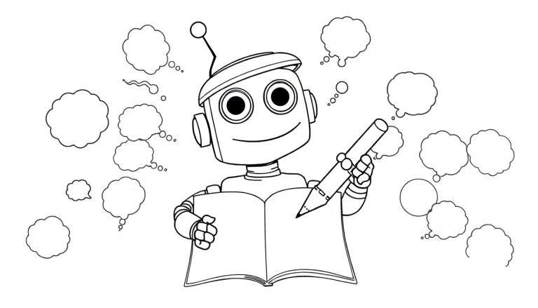 Un robot de dessin animé mignon tenant un livre ouvert et un crayon, avec des bulles de pensée vides au-dessus de sa tête.