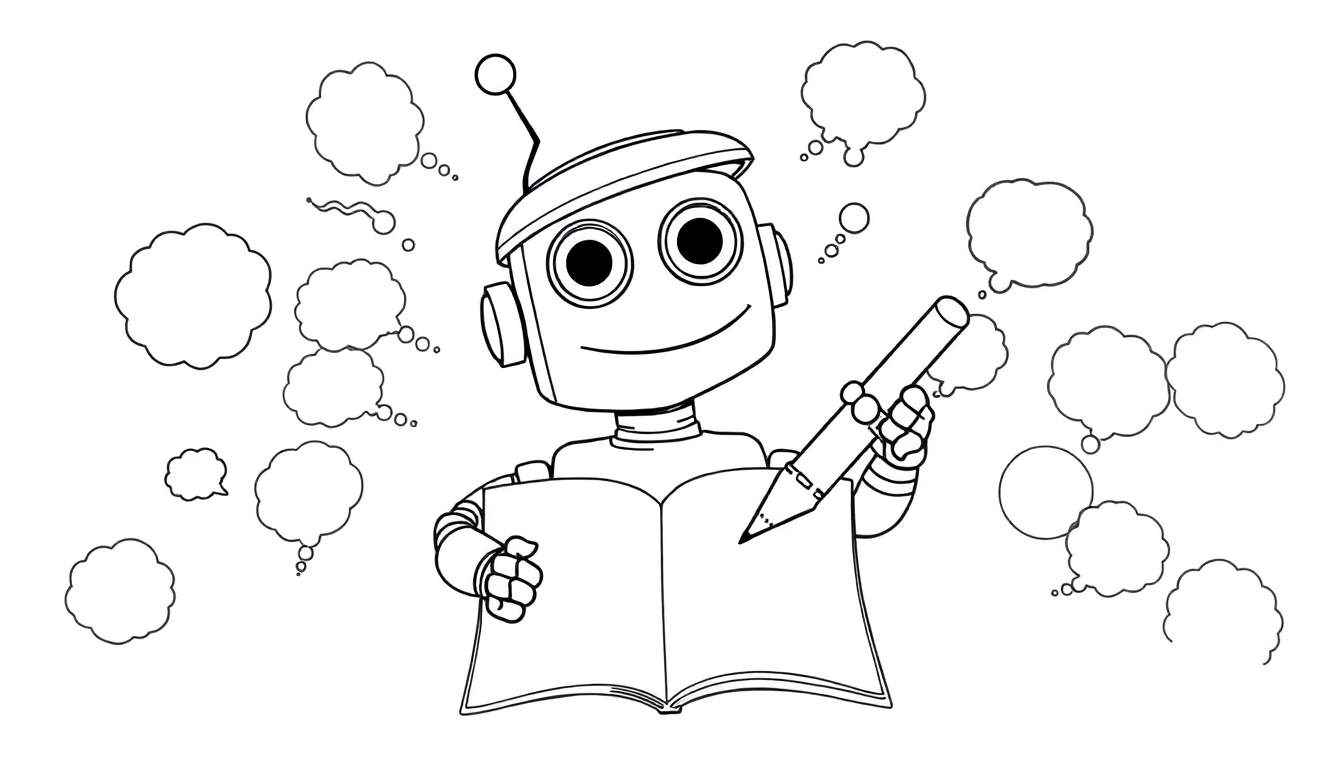Un robot de dessin animé mignon tenant un livre ouvert et un crayon, avec des bulles de pensée vides au-dessus de sa tête.