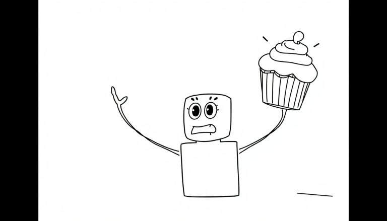 Dessin au trait d'un robot avec une tête carrée, de grands yeux et une bouche ouverte, tenant une cupcake au-dessus de sa tête. Fond blanc avec des barres noires sur les côtés.