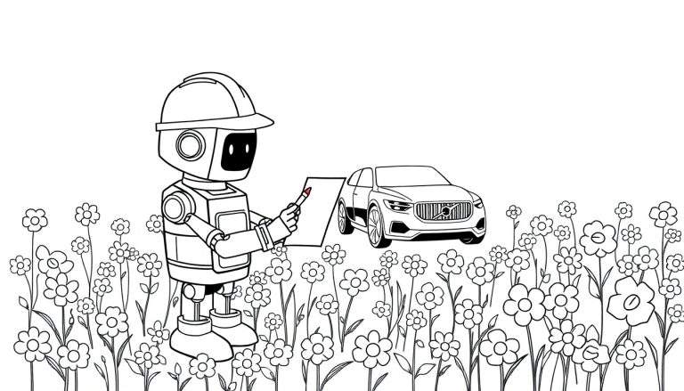 Coloriage d'un robot avec un casque de sécurité dessinant une voiture rouge Volvo dans un champ de fleurs.