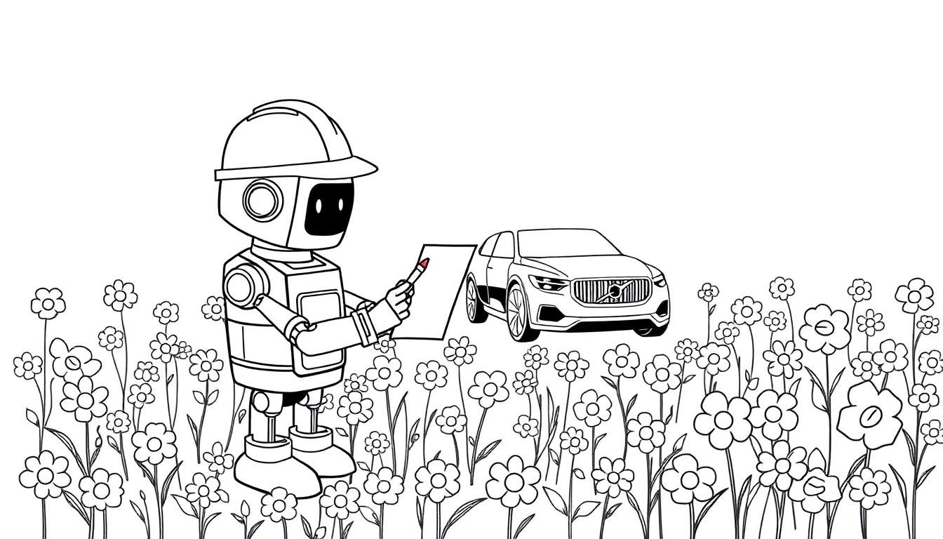 Coloriage d'un robot avec un casque de sécurité dessinant une voiture rouge Volvo dans un champ de fleurs.