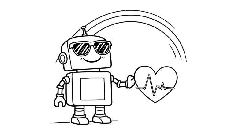 Dessin à colorier d'un robot de dessin animé tenant un cœur avec une ligne d'électrocardiogramme, portant des lunettes de soleil et un arc au-dessus de sa tête.