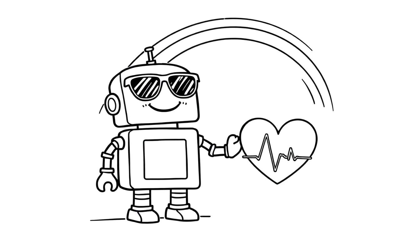 Dessin à colorier d'un robot de dessin animé tenant un cœur avec une ligne d'électrocardiogramme, portant des lunettes de soleil et un arc au-dessus de sa tête.