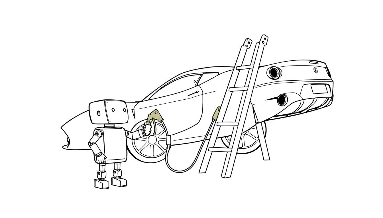Coloriage d'un robot avec un pistolet à peinture repeignant une voiture, une échelle appuyée contre le véhicule sur fond blanc.