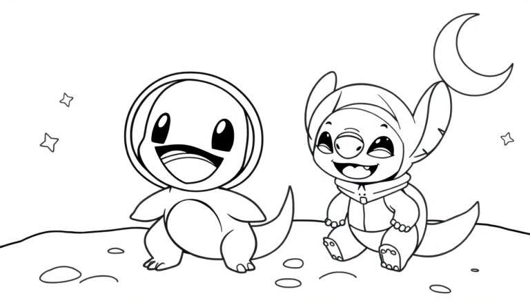Coloriage Salameche et Stitch en astronautes sur la lune, dessinés dans un style mignon et simple.