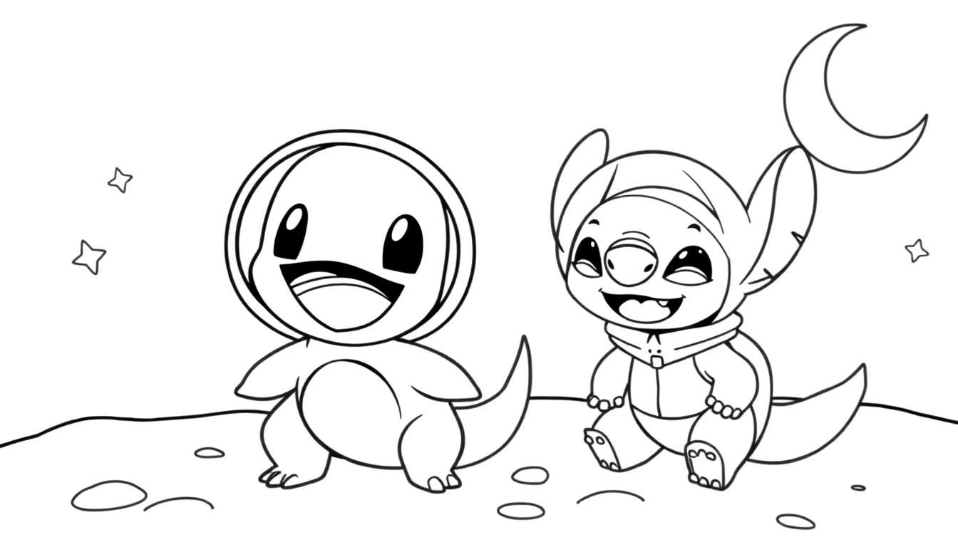 Coloriage Salameche et Stitch en astronautes sur la lune, dessinés dans un style mignon et simple.