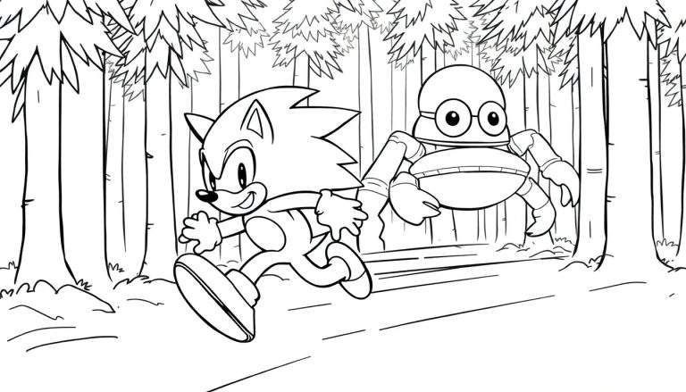 Coloriage de Sonic le Hérisson courant dans une forêt, poursuivi par un robot crabe.