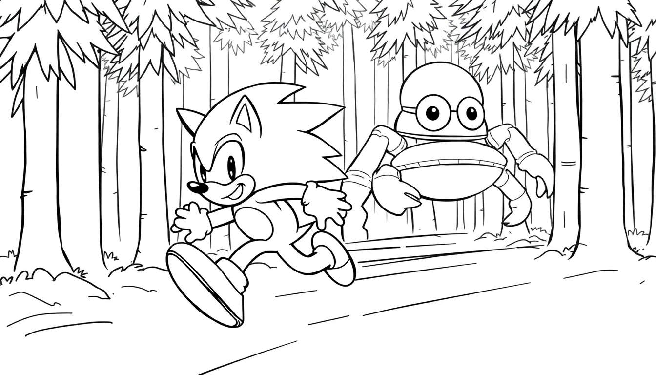Coloriage de Sonic le Hérisson courant dans une forêt, poursuivi par un robot crabe.
