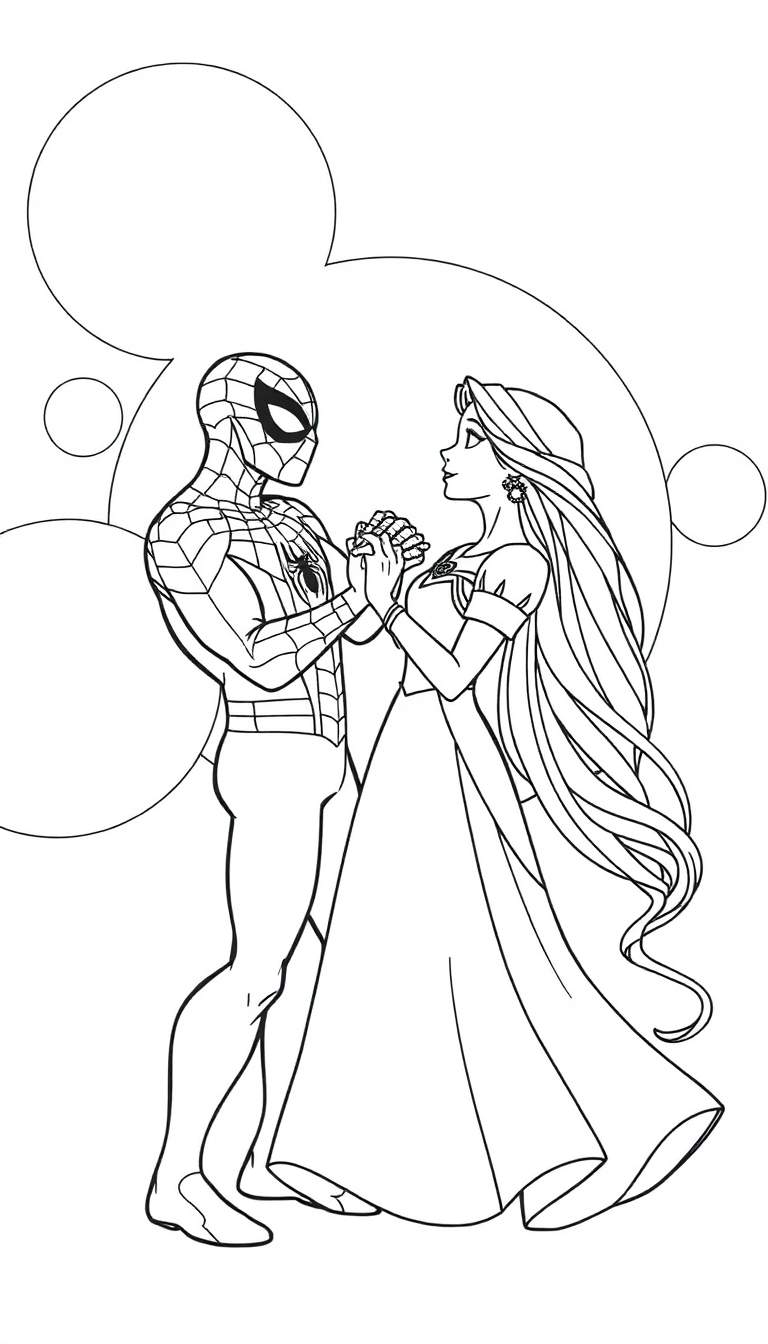 Coloriage de Spider-Man tenant la main de Raiponce et la regardant.