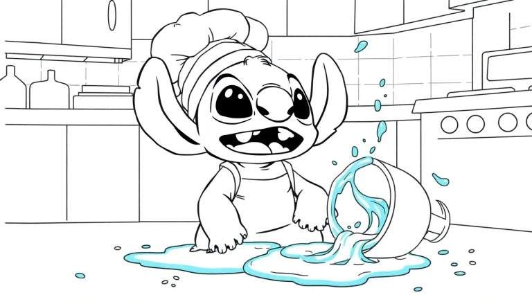 Coloriage de Stitch déguisé en chef cuisinier, entouré d'une cuisine en désordre avec une gamelle renversée et des éclaboussures d'eau.
