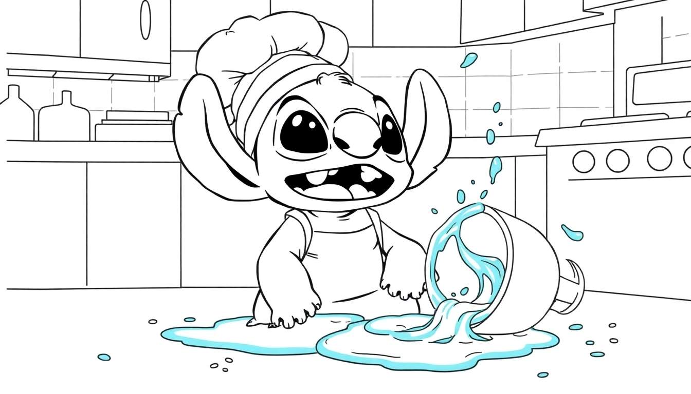 Coloriage de Stitch déguisé en chef cuisinier, entouré d'une cuisine en désordre avec une gamelle renversée et des éclaboussures d'eau.
