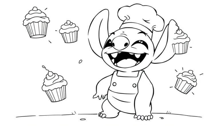 Dessin de coloriage de Stitch le chef tenant un cupcake et entouré de cupcakes flottants.