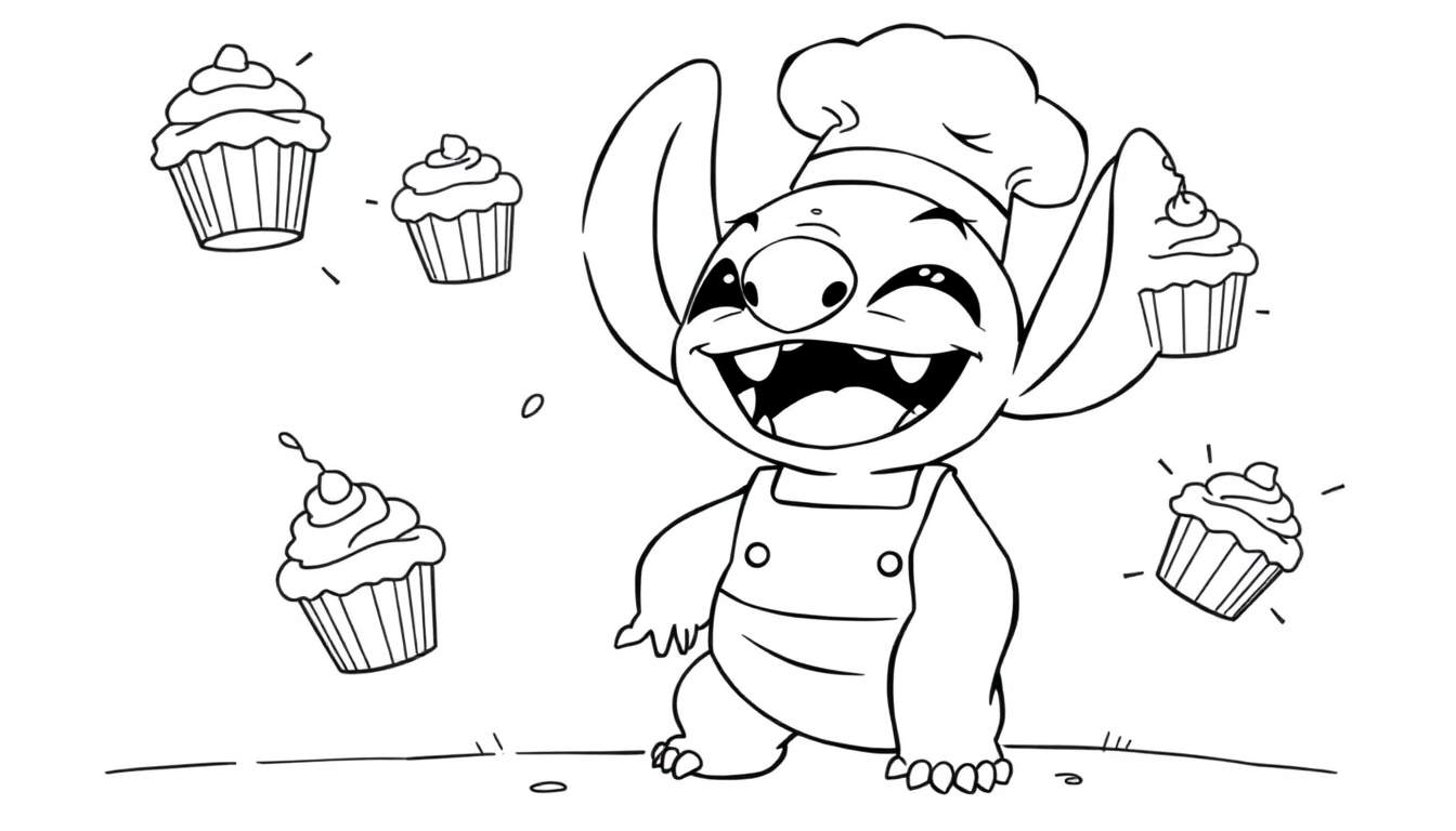 Dessin de coloriage de Stitch le chef tenant un cupcake et entouré de cupcakes flottants.