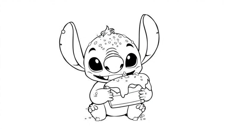 Dessin au trait noir et blanc de Stitch, le personnage de dessin animé, assis et mangeant un gâteau festif avec un grand sourire.