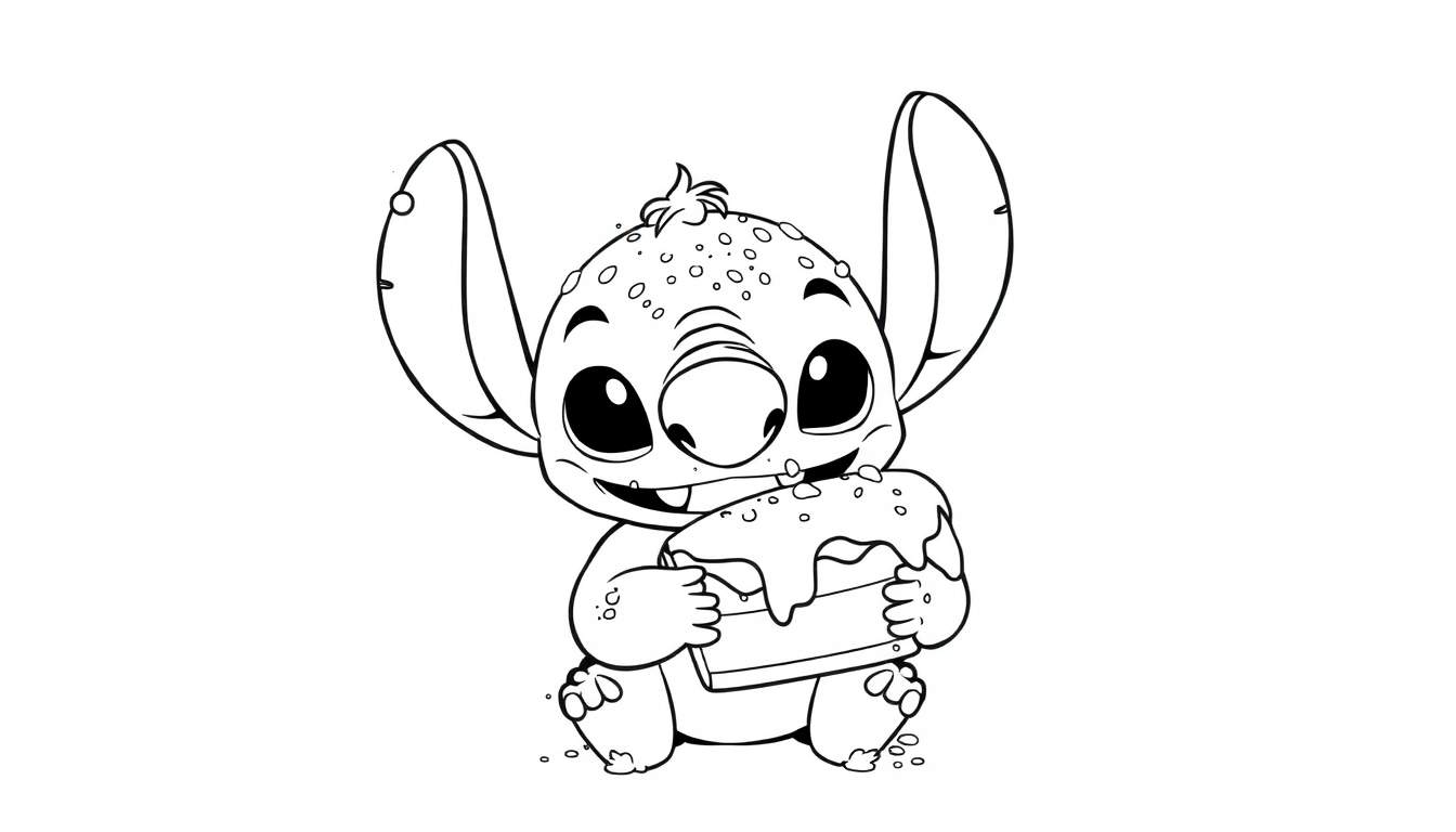 Dessin au trait noir et blanc de Stitch, le personnage de dessin animé, assis et mangeant un gâteau festif avec un grand sourire.